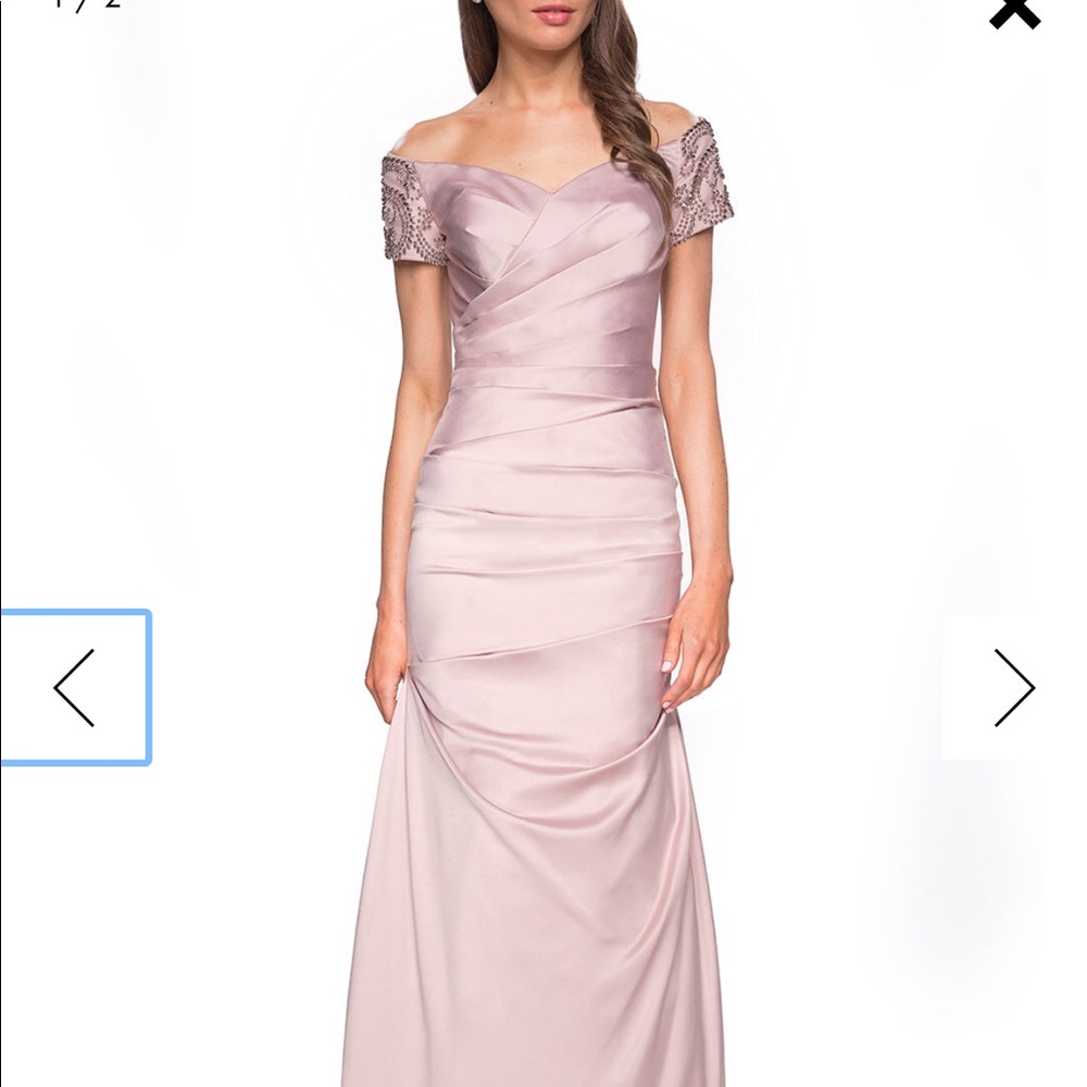 La Femme Ruched & Beaded Short-Sleeve Gown